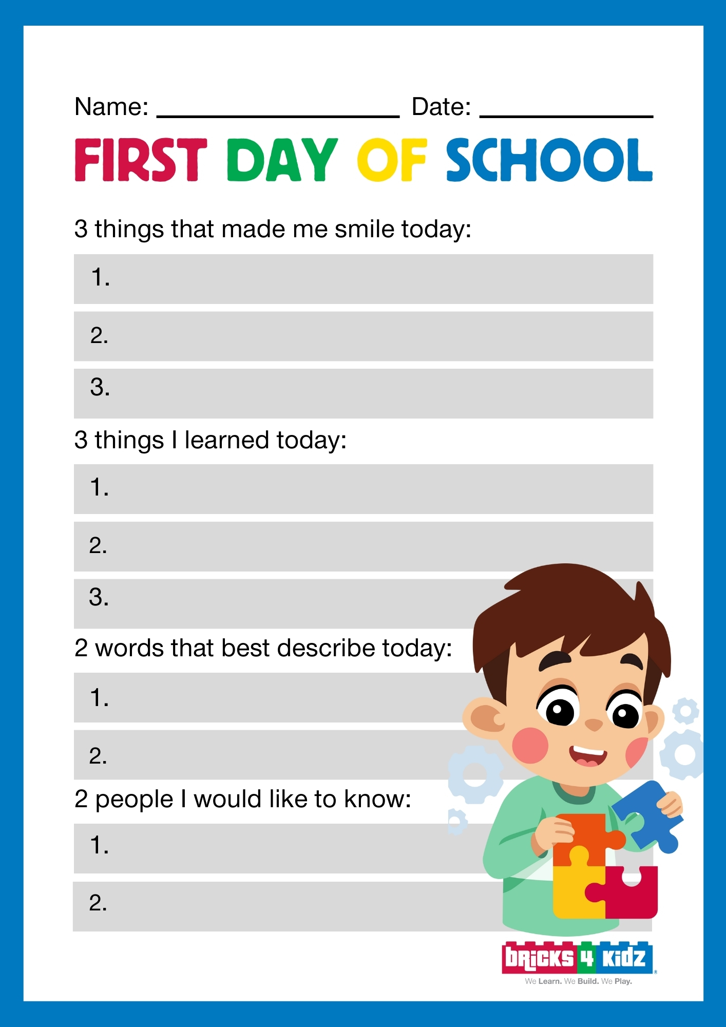 Back to School Worksheet for Kids -First Day of School